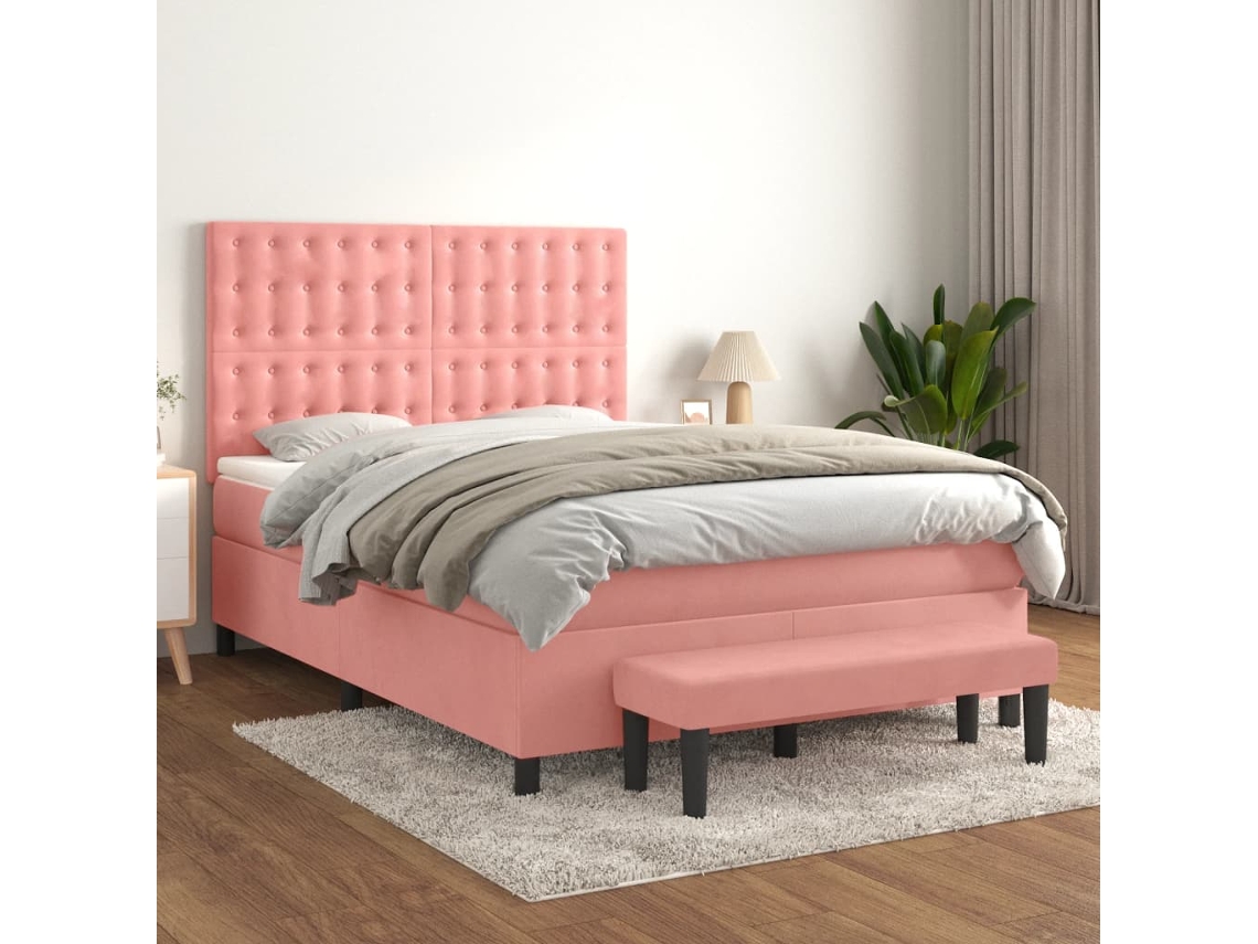 Vidaxl Cama Com Molas/colchão 140x200 Cm Veludo Rosa
