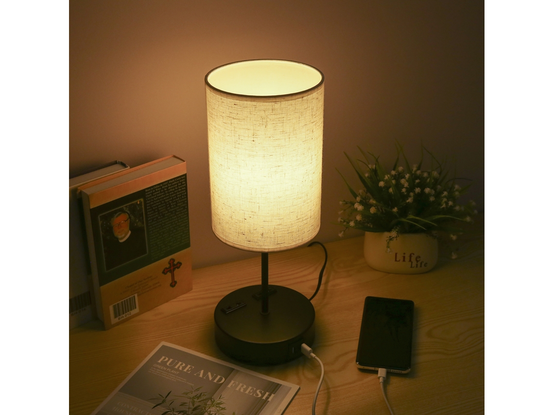 2026 lâmpada de Mesa Shineslay para Quarto com Interruptor Táctil, Lâmpada Led E27, 2 Portas Usb e 2 Tomadas