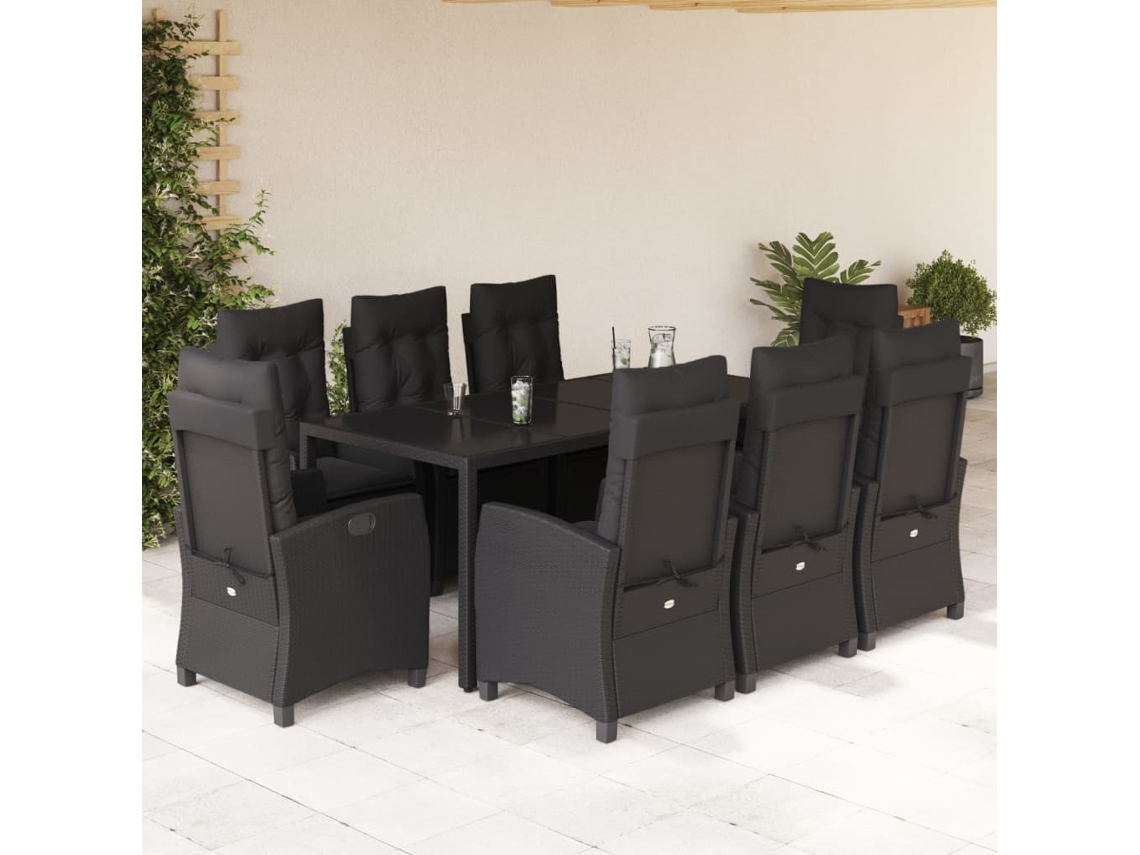 9 Pcs Conjunto De Jantar P/ Jardim C/ Almofadões Vime Pe Preto Dkd Home Decor