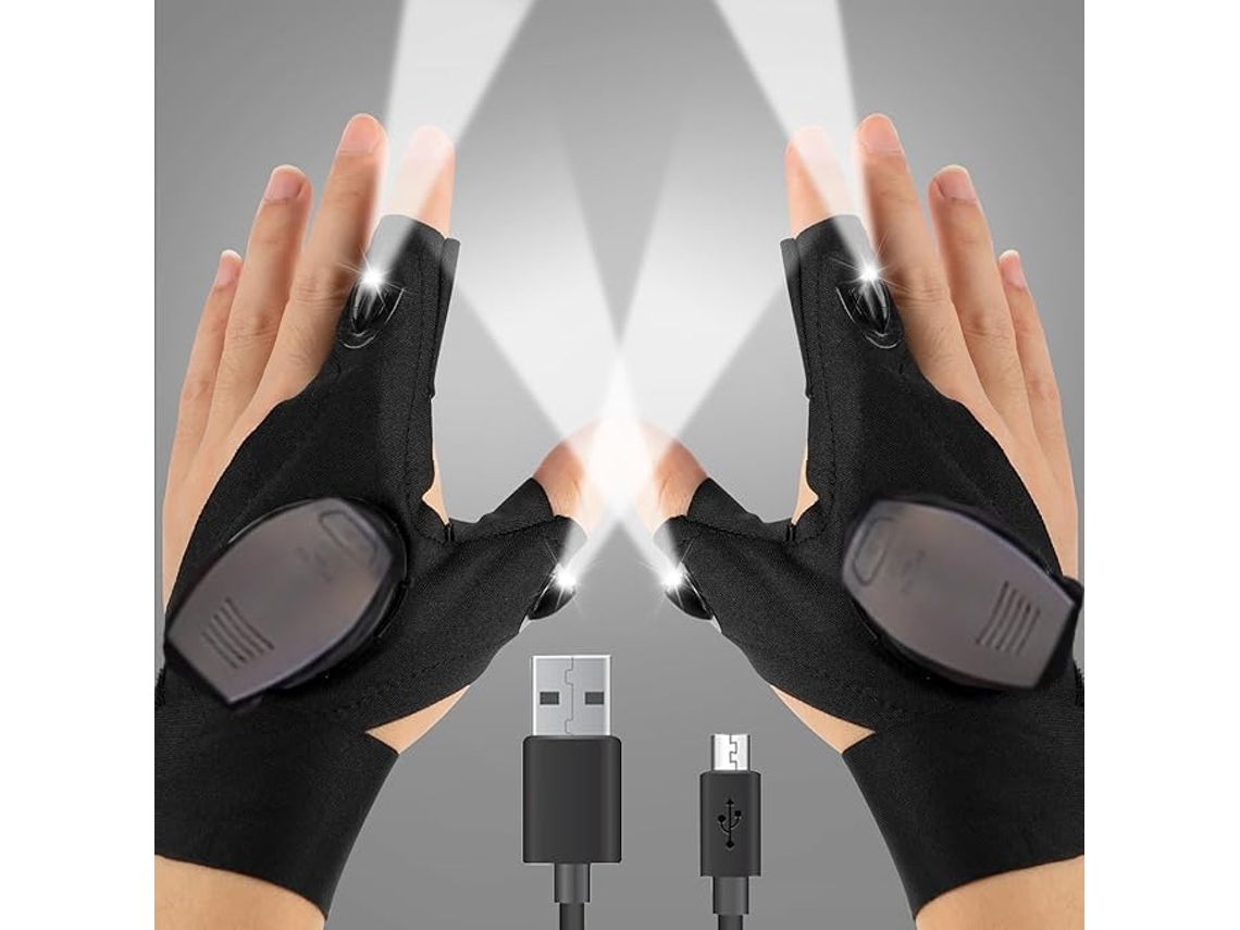 Luvas Com Lanterna Led Recarregável, Impermeáveis, Pretas, Versáteis