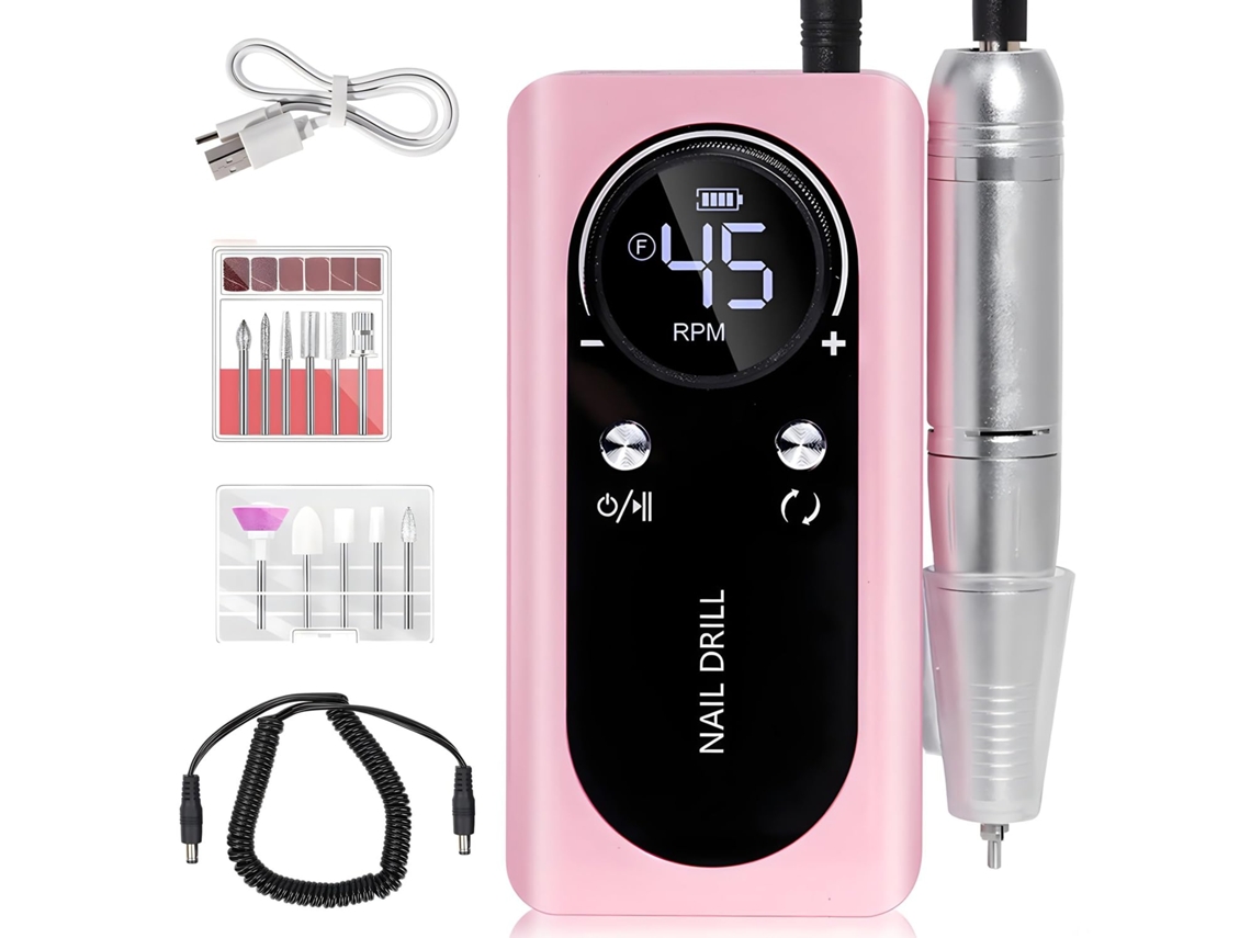 Kit De Lixa De Unha Elétrica Portátil Recarregável De 45.000 Rpm Com Tela Lcd Inteligente Rosa Slowmoose