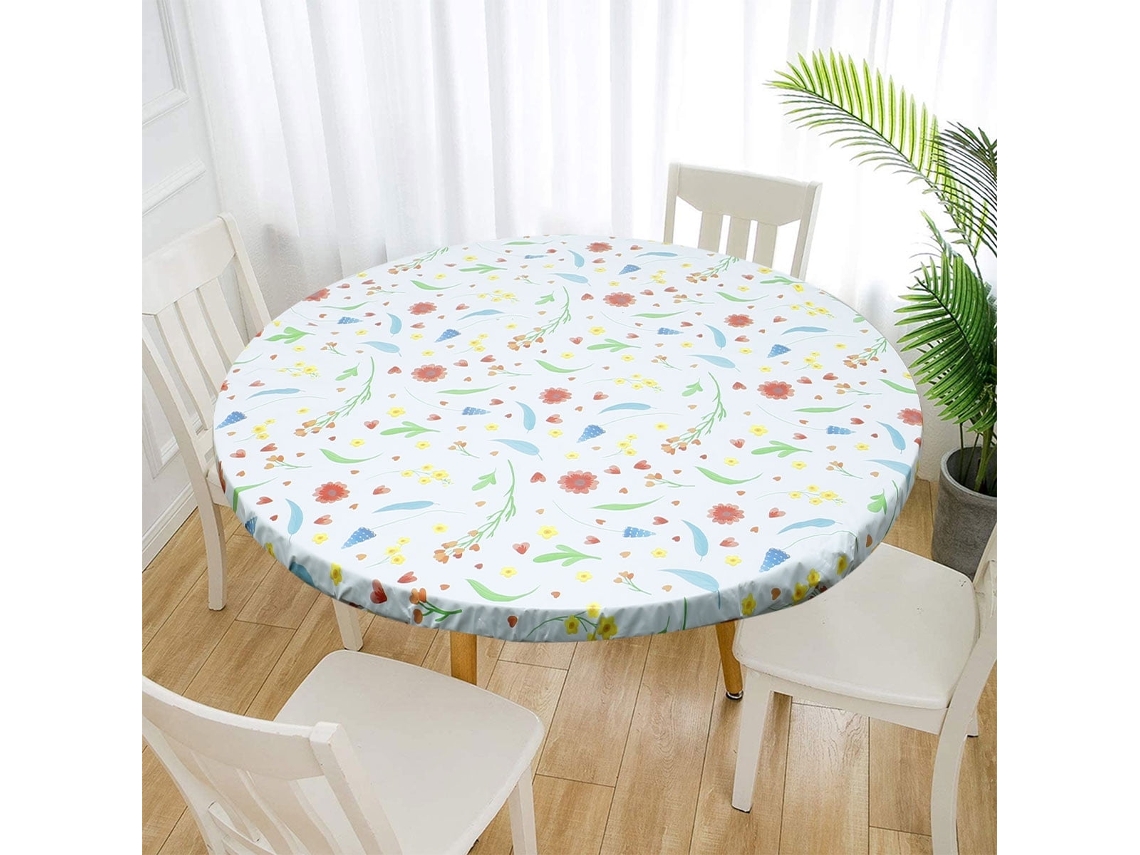 KOFIHETY Toalha De Mesa Redonda Impermeável Para Interior E Exterior Com Padração De Flores, Base Em Flanela E Elástico