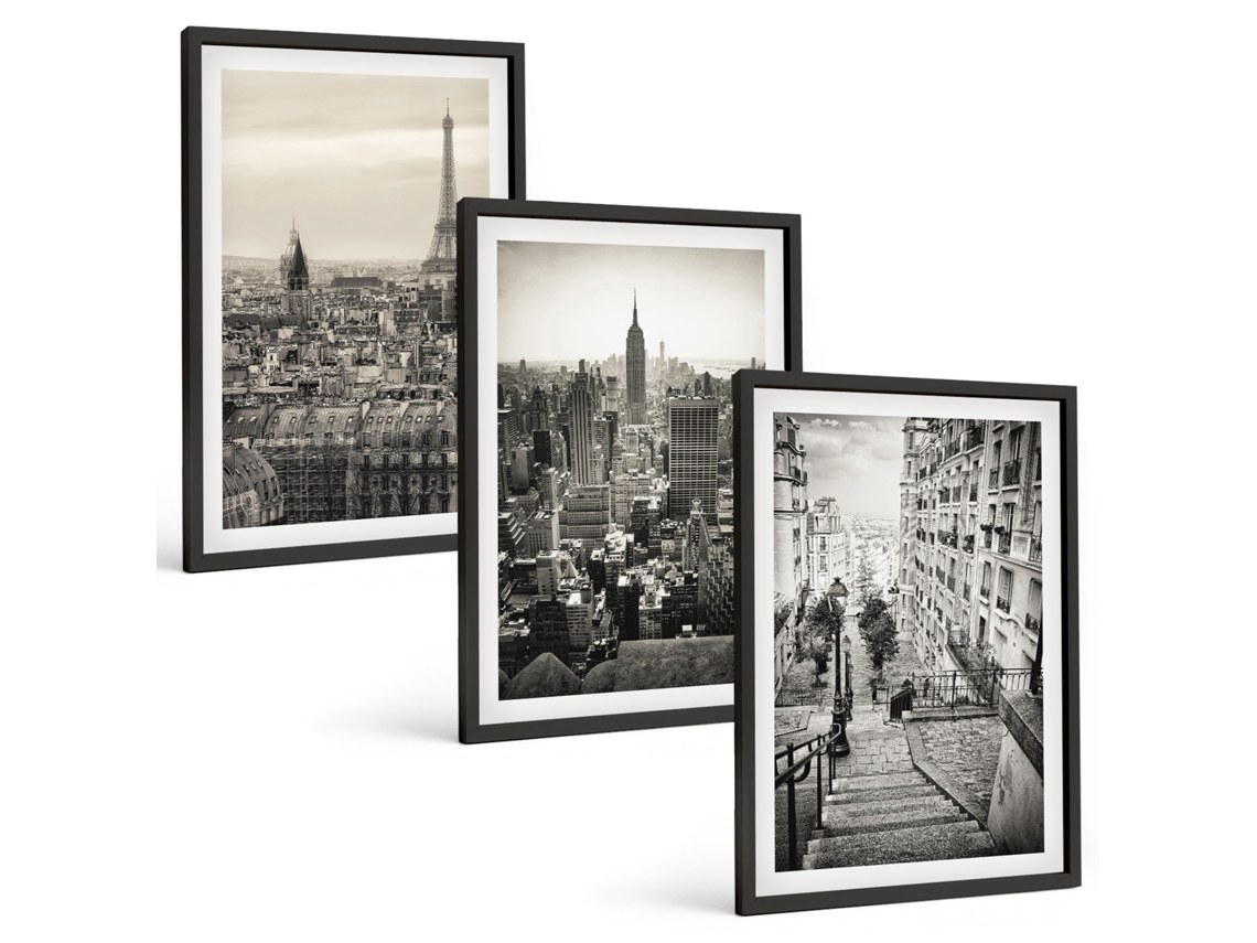 Galeria De Pinturas Murais Vistas De Paris, Nova York, Escadas Moldura Preta Quadros Para O Escritório Espelharte (3 Piezas De 40x60 Cm)
