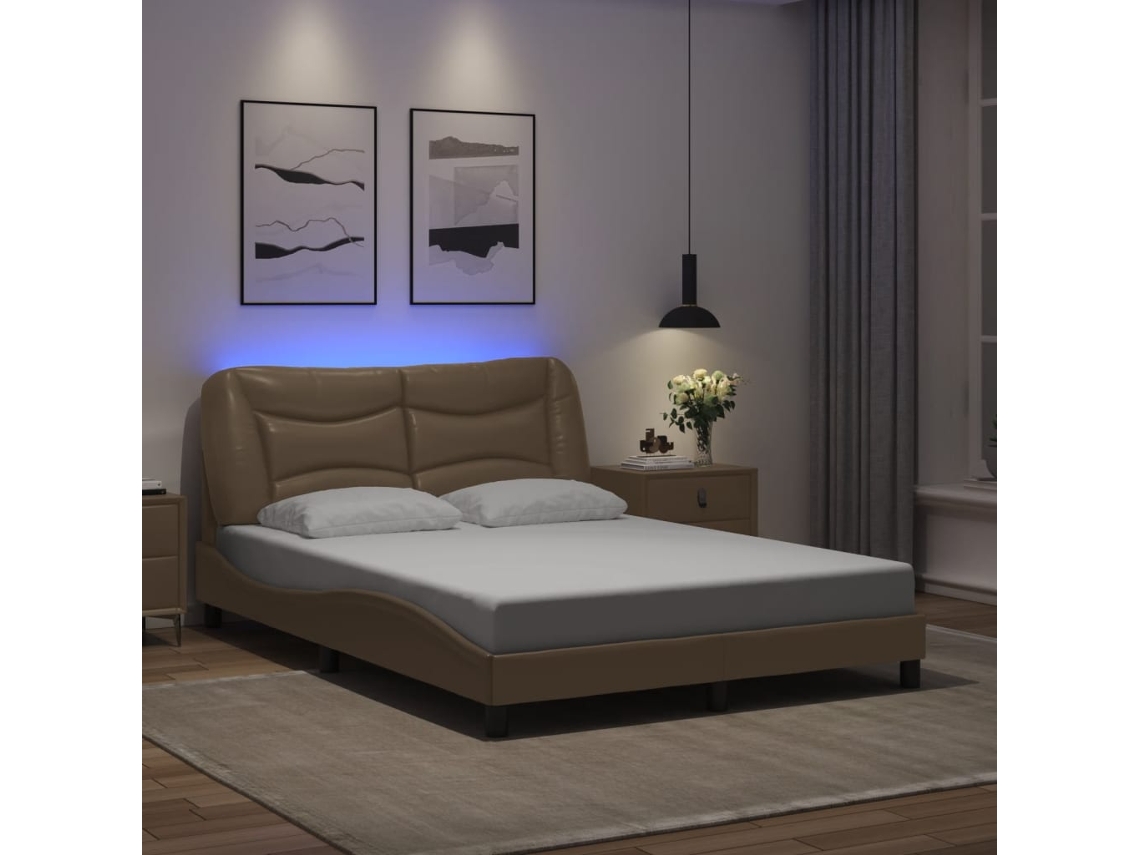 Estrutura Cama C/ Luzes Led 120x200 Couro Artificial Cappuccino