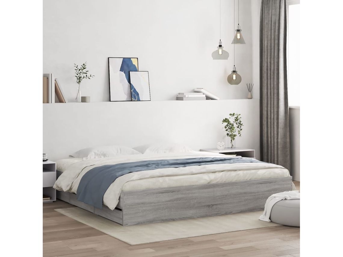Estrutura De Cama C/ Gavetas Derivados Madeira Cinza Sonoma