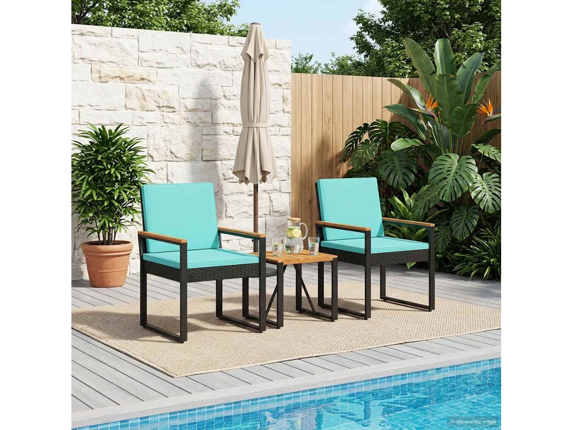 Vidaxl Conjunto de Móveis para Exterior 3 Pcs Preto e Turquesa Vime Pe