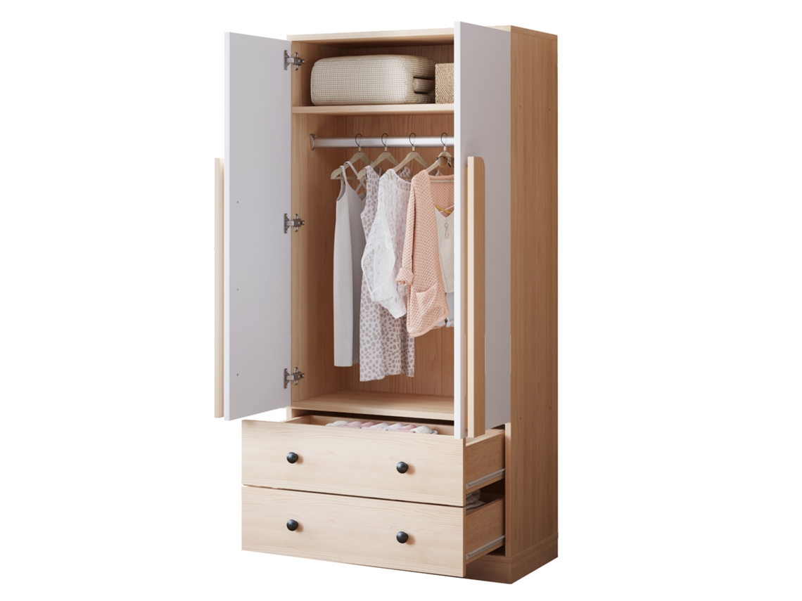 Guarda roupa 70x40x170cm com Portas Duplas,gavetas e Prateleiras em Madeira Branca e Natural ORBITRA COMMERCE
