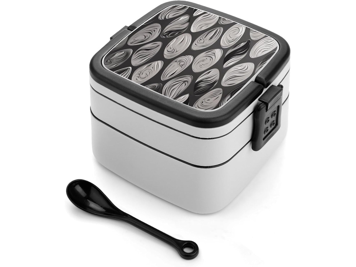 Marmita Bento Para Adultos, Design Abstrato, Preta E Prateada, Com Colher, Resistente, Dupla Camada À Prova De