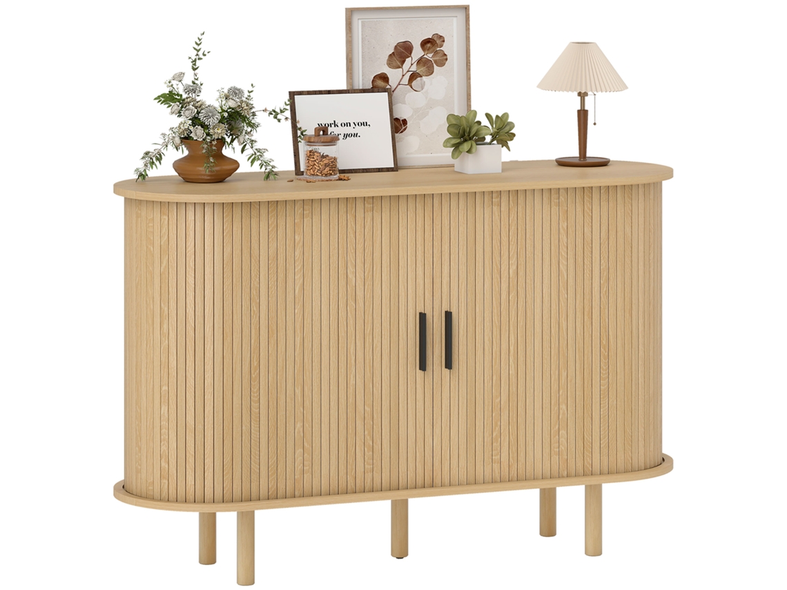 Aparador Com Portas Tambor Deslizantes Design Moderno Para Sala De Estar Com 4 Compartimentos E Pés De Madeira 120x40x78 Cm Carvalho