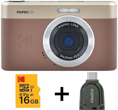 Kit Máquina Fotográfica KODAK Pixpro C1 + Cartão Micro SD de 16 Gb (Castanho - 13 MP)