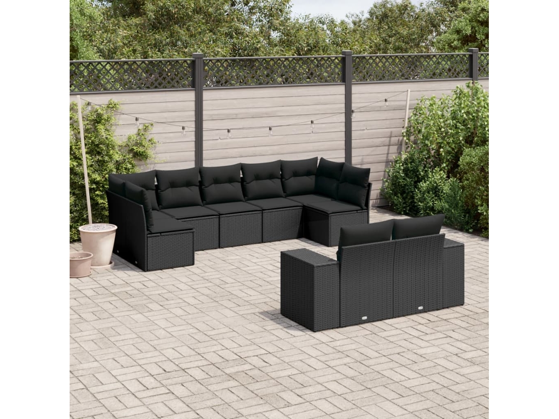 Vidaxl 9 Pcs Conjunto De Sofás P/ Jardim C/ Almofadões Vime Pe Preto