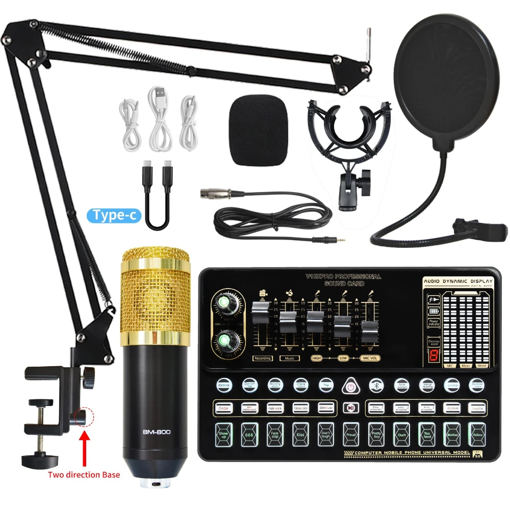 Kit de Microfone Bm800 com Interface de Som Ao Vivo V10 e Suporte Articulado Ajustável. MDUG (dourado)