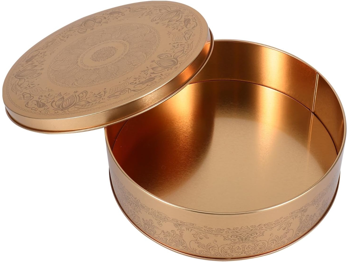 Forma De Bolo E Recipiente Para Biscoitos Em Lata Dourada Pequena, Caixa De Metal Com Tampa Para Armazenamento Na
