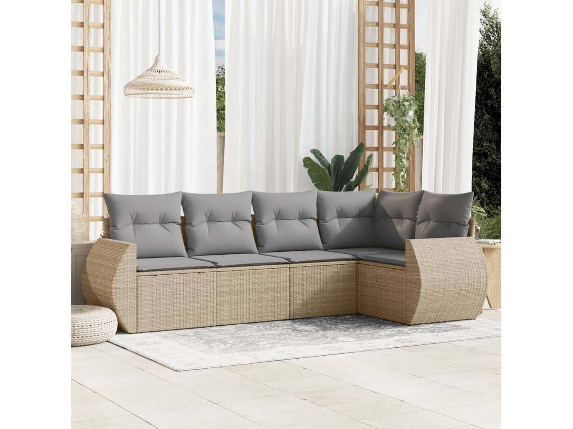 Vidaxl 5 Pcs Conjunto De Sofás P/ Jardim Com Almofadões Vime Pe Bege