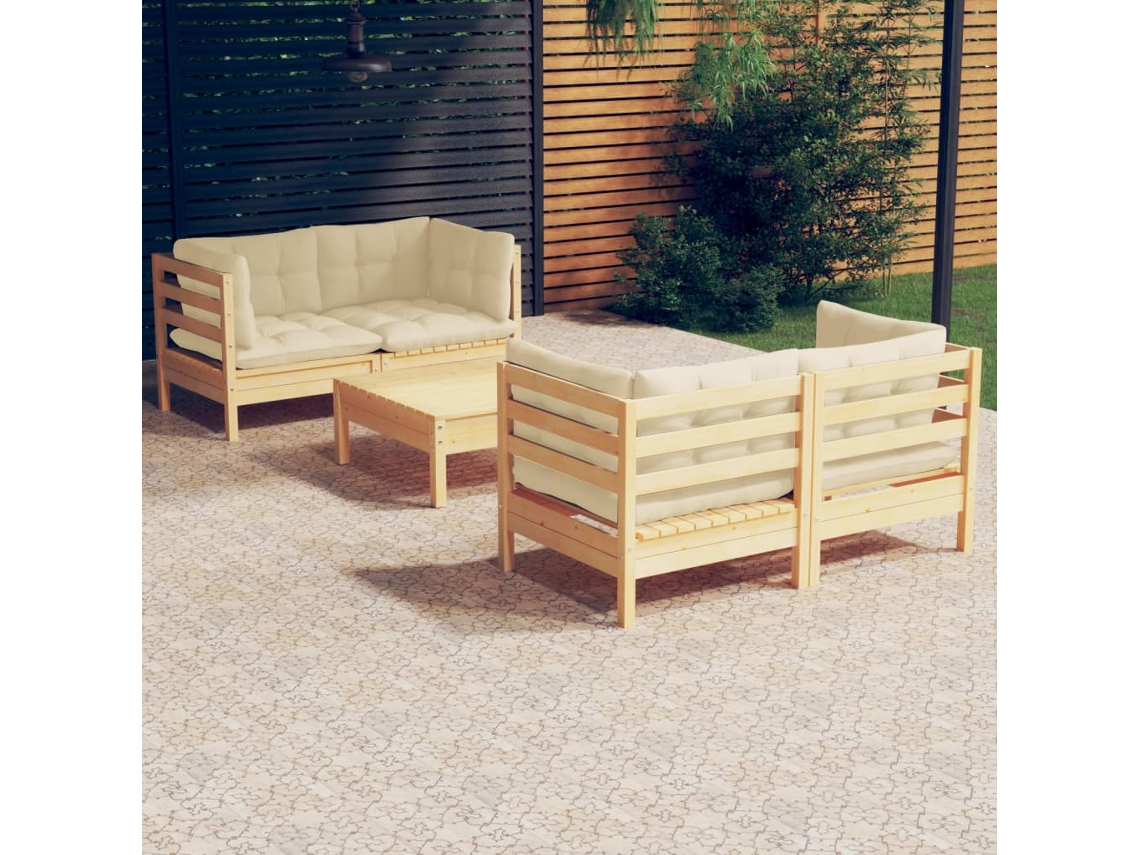 Vidaxl 5 Pcs Conjunto Lounge Jardim C/ Almofadões Cor Creme Pinho