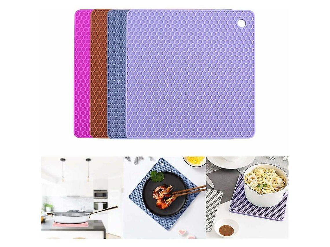 Conjunto de 4 descansos de panela de silicone resistentes ao calor e antiderrapantes para cozinha, quadrados, 18x18cm, multifuncionais.