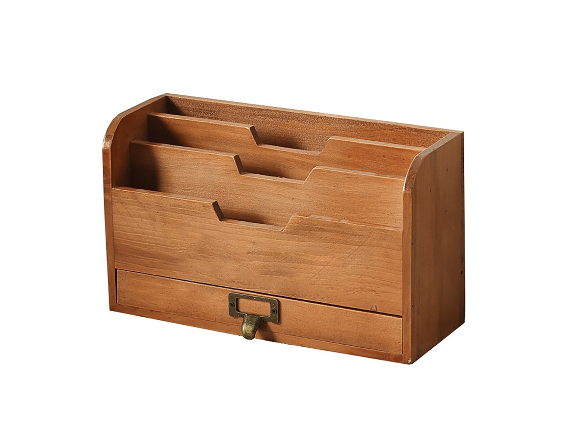 Organizador de mesa de madeira com gaveta, rack de armazenamento para selos, notas, clipes, tesouras | S/MARCA