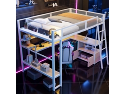 Cama Alta Para Jogos Em Metal (140 X 200 Cm) Com Espaço De Trabalho Integrado, Iluminação Led E Amplo Espaço De Arrumação, Branca.