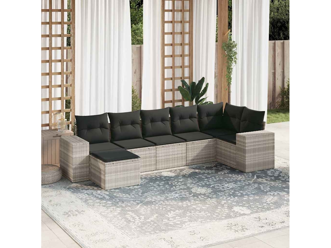 Vidaxl 7 Pcs Conj. Sofás Jardim Com Almofadões Vime Pe Cinzento-claro