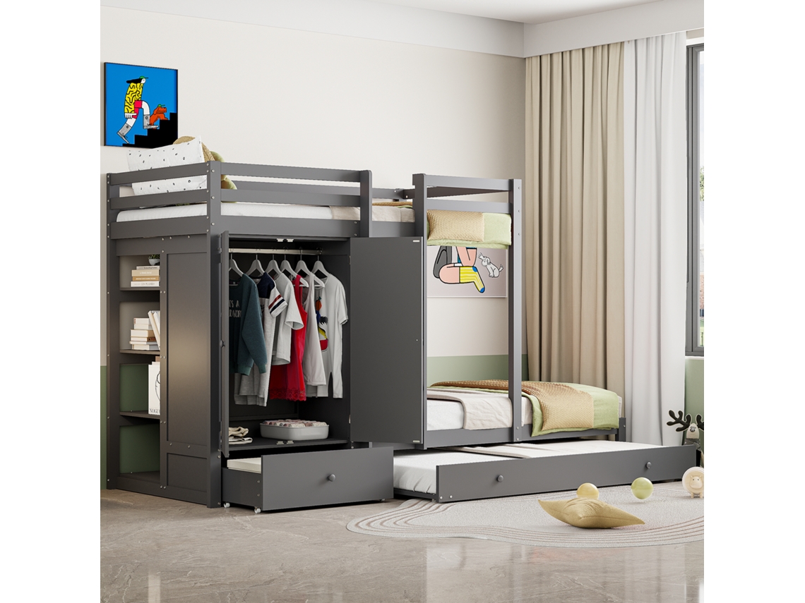 Beliche Em Madeira Maciça 90*200 Com Cama Cama-cama, Berço Multifuncional Com Guarda-roupa, Gavetas E Compartimento De Armazenamento, Cinza Cs