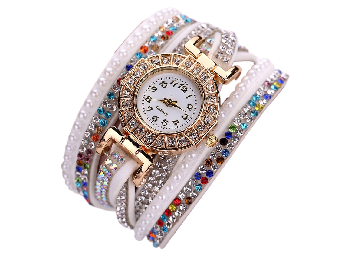 Relógio de Quartzo Feminino de Luxo com Pulseira de Couro Pu e Pedras Coloridas Branco