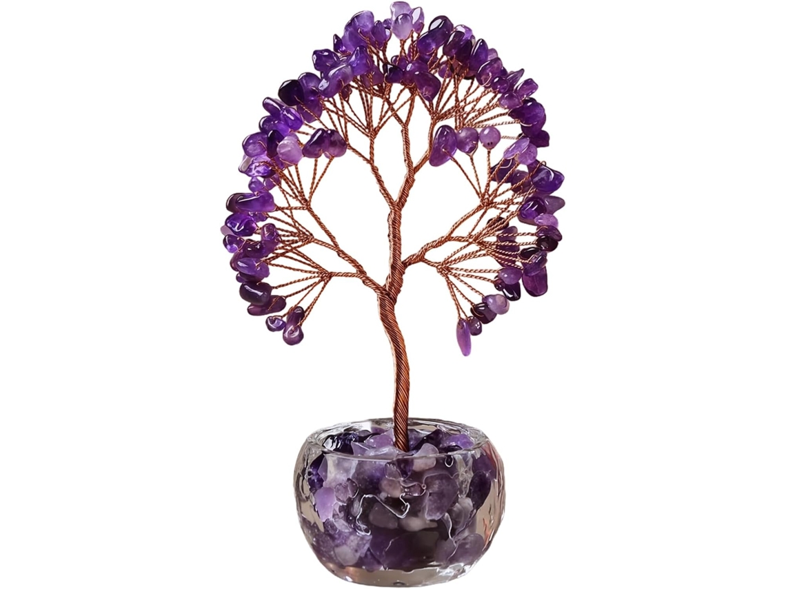 Árvore de Cristal Genérica com Ametista, Árvore da Vida Salvadorenha Decoração de Mesa, 15cm, Tronco de Cobre Feito à Mão
