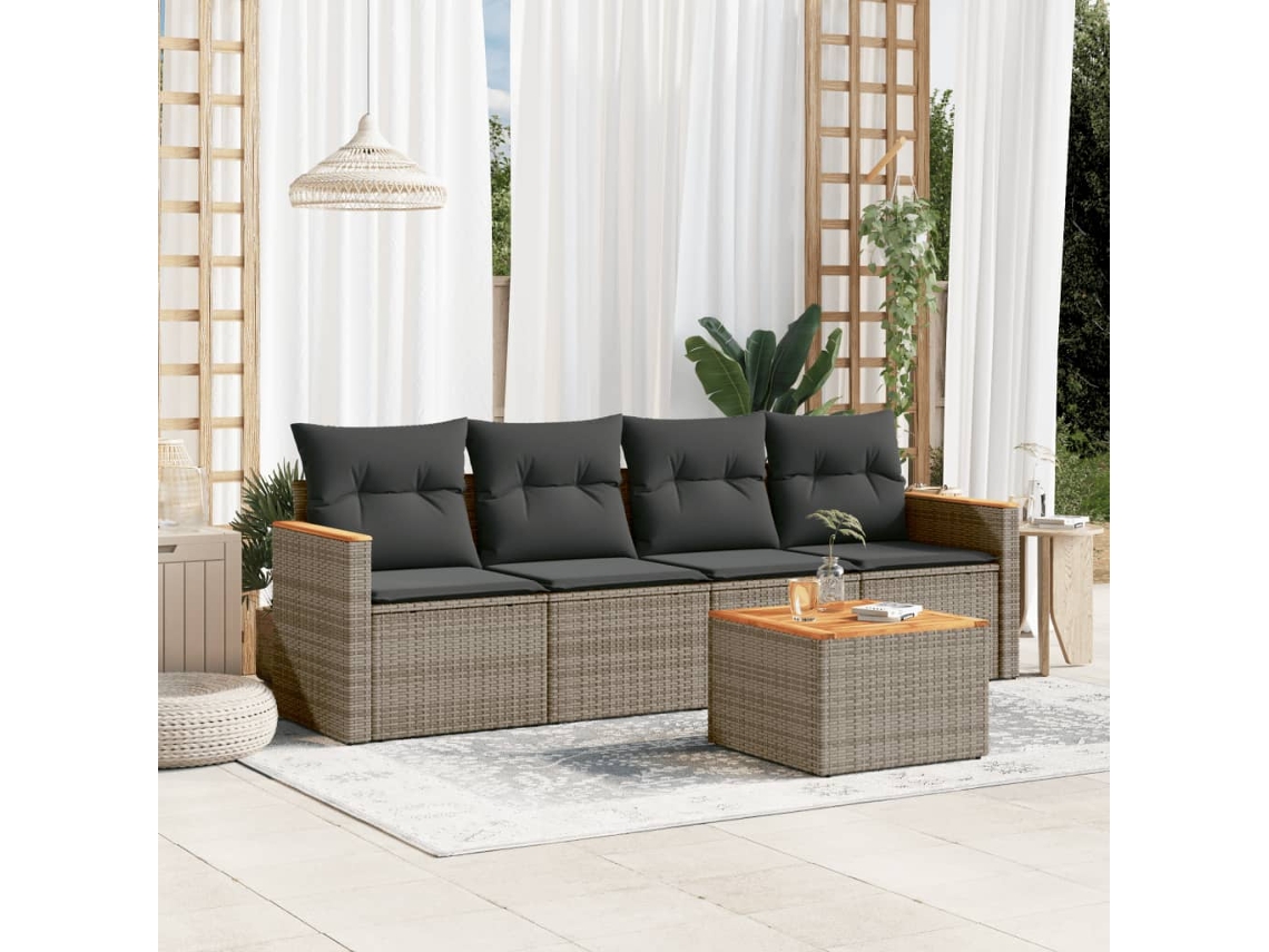 5 Pcs Conjunto Sofás De Jardim C/ Almofadões Vime Pe Cinza Dkd Home Decor