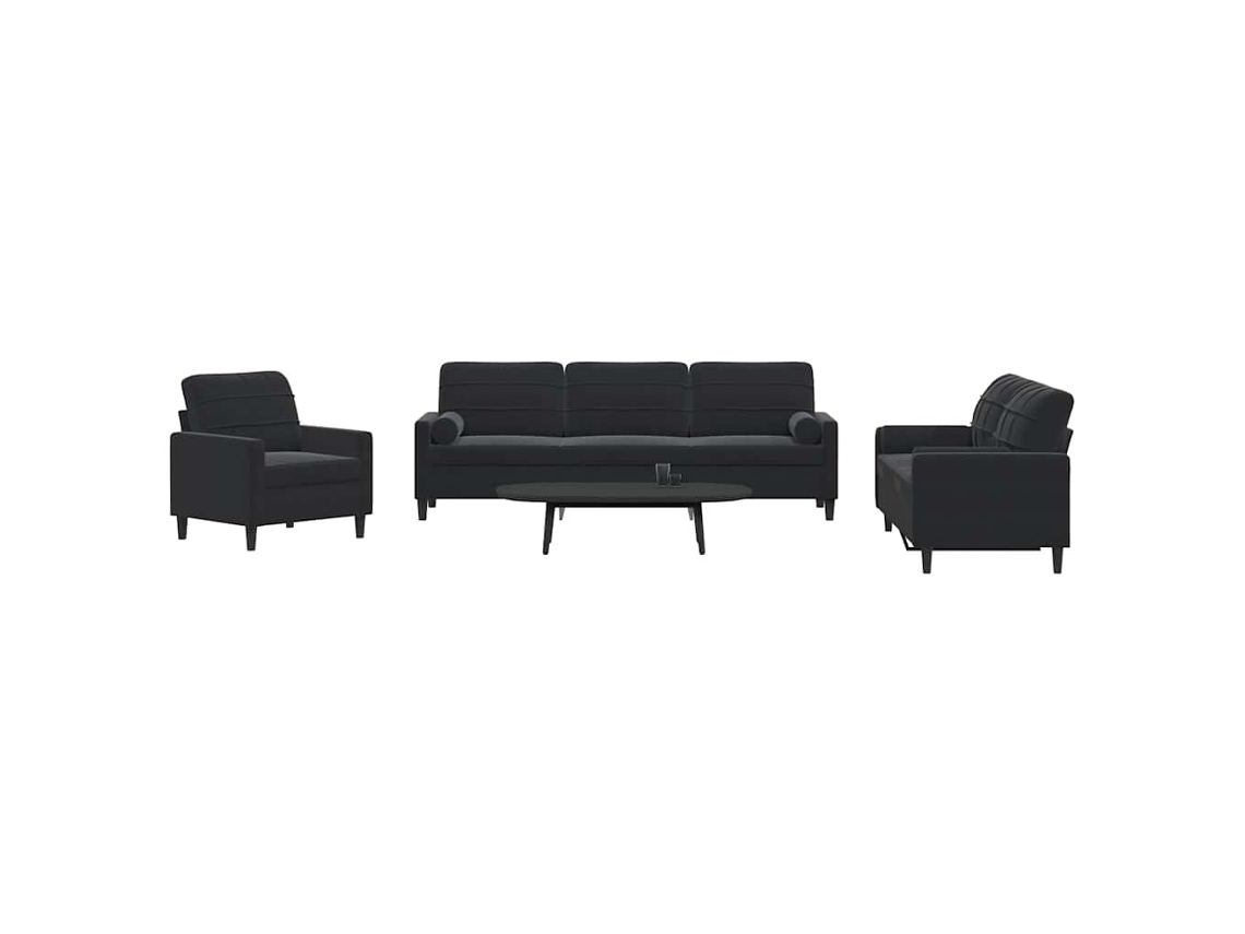 Vidaxl 3 Pcs Conjunto De Sofás Com Almofadões E Rolos Veludo Preto