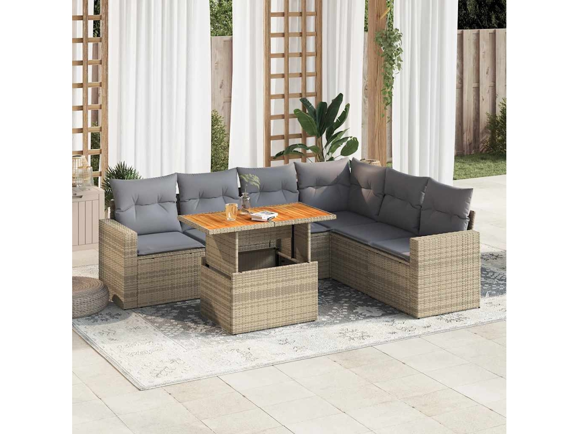 Vidaxl 7 Pcs Conjunto De Sofás P/ Jardim Com Almofadões Vime Pe Bege