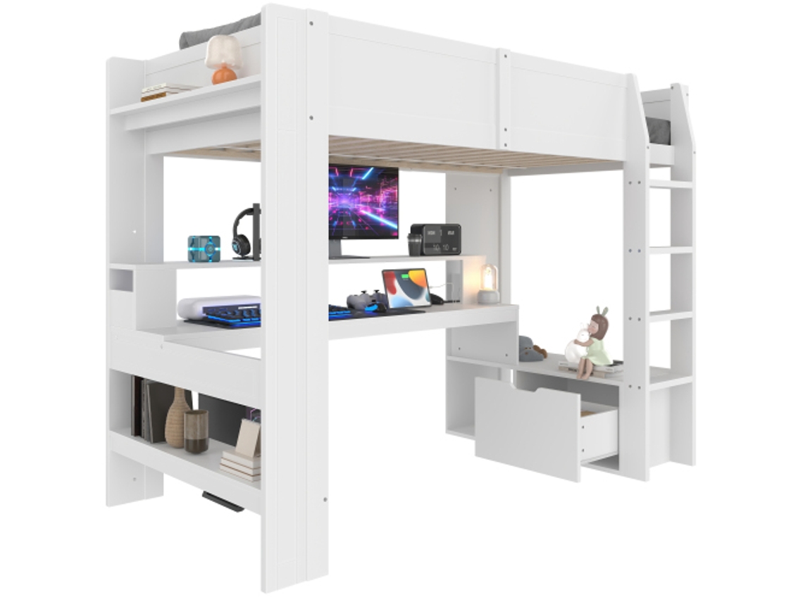 Cama Alta Gamer 90x200 com Escrivaninha, Luzes Led, Gaveta e Prateleiras DELCOND