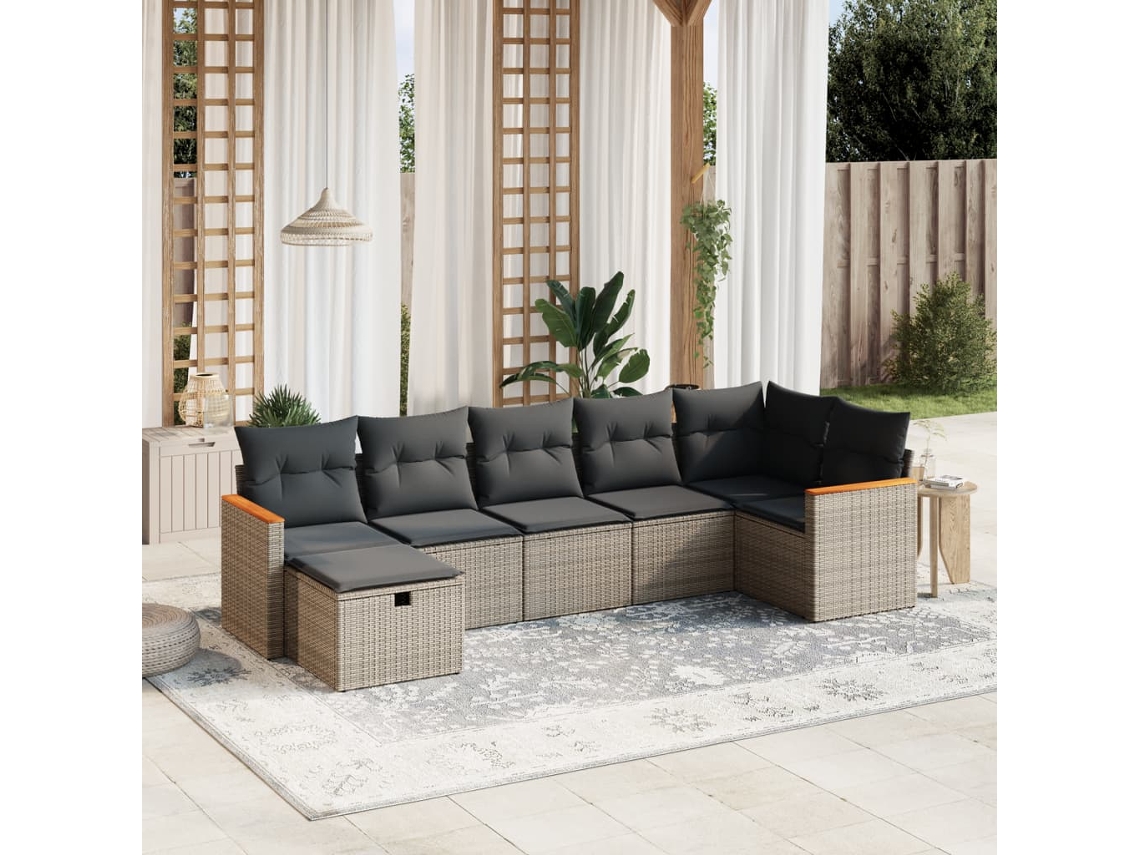 Vidaxl 7 Pcs Conjunto Sofás P/ Jardim C/ Almofadões Vime Pe Cinzento
