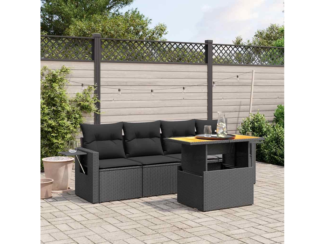 Vidaxl 5 Pcs Conjunto Sofás De Jardim Com Almofadões Vime Pe Preto