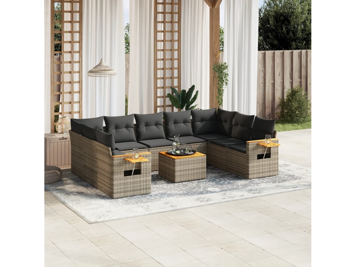 Vidaxl 10 Pcs Conjunto Sofás De Jardim C/ Almofadões Vime Pe Cinzento