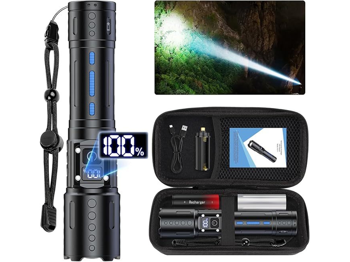 Lanterna Portátil Recarregável com Laser Branco, Tela Digital, Zoom Ajustável, Bateria 3000mah e Bolsa, para Patrulhas Manutenção STELASPLEN