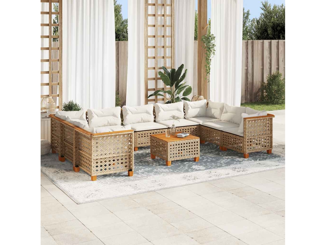 Vidaxl 10 Pcs Conjunto De Sofás P/ Jardim Com Almofadões Vime Pe Bege