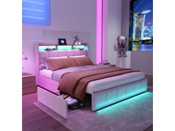 Cama Estofada 140x200 Cm com 4 Gavetas, Cama Moderna com Led e Usb, Linho Respirável Bege BURSDANY