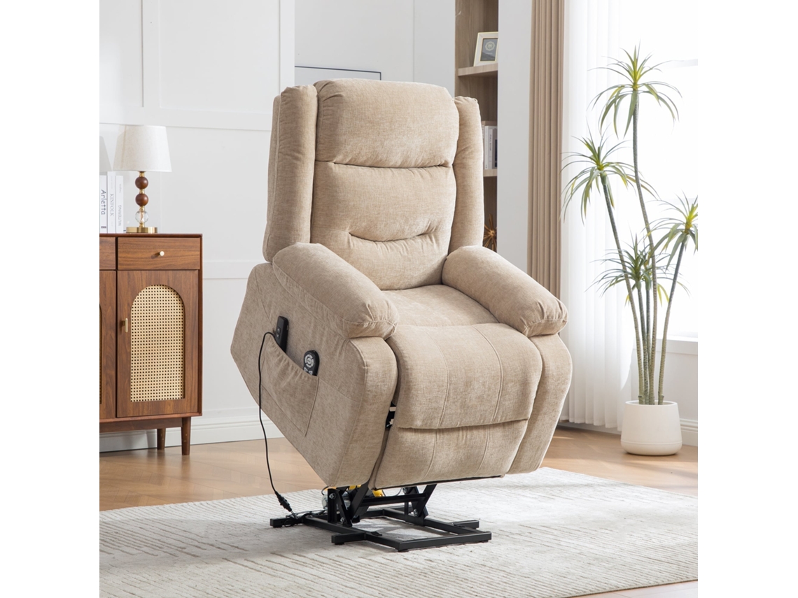 Poltrona Relax NOVELA elétrica, assistência ao levantar, massagem, aquecimento, apoio ajustável, bolsos, cáqui claro