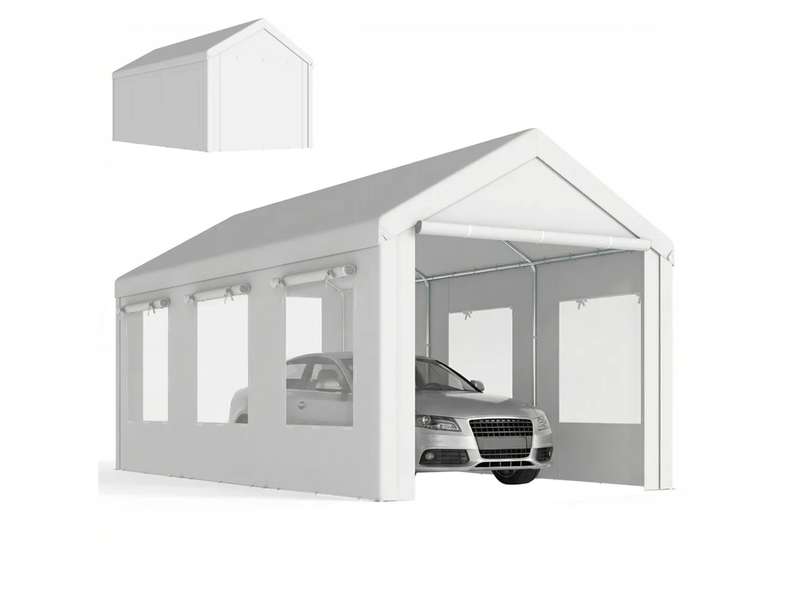 Barraca de Garagem Uv30+ Altura de Proteção Ajustável 6 Janelas e Mosquiteiro 3x6m Branco Ge