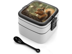 Lancheira Bento Para Adultos Com Estampa De Esquilo Da Floresta E Colher, Recipiente Fofo De Camada Dupla Para Almoço