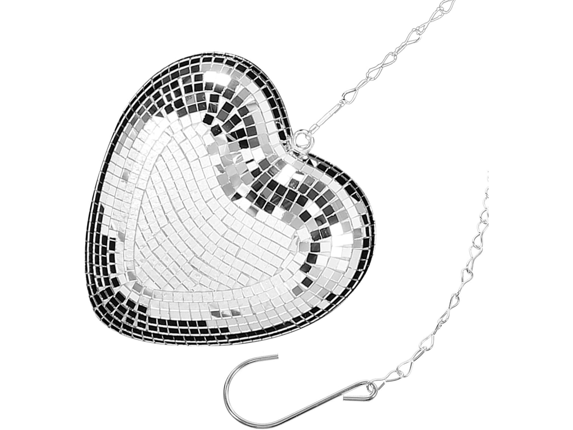 Bola De Discoteca Em Forma De Coração Prateada Com Superfície Espelhada E Corrente Resistente Para Pendurar.
