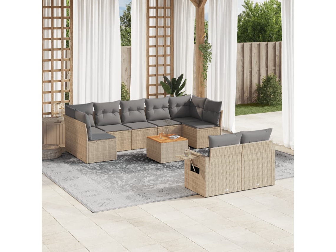 Vidaxl 10 Pcs Conj. Sofás Jardim C/ Almofadões Vime Pe Bege Misturado