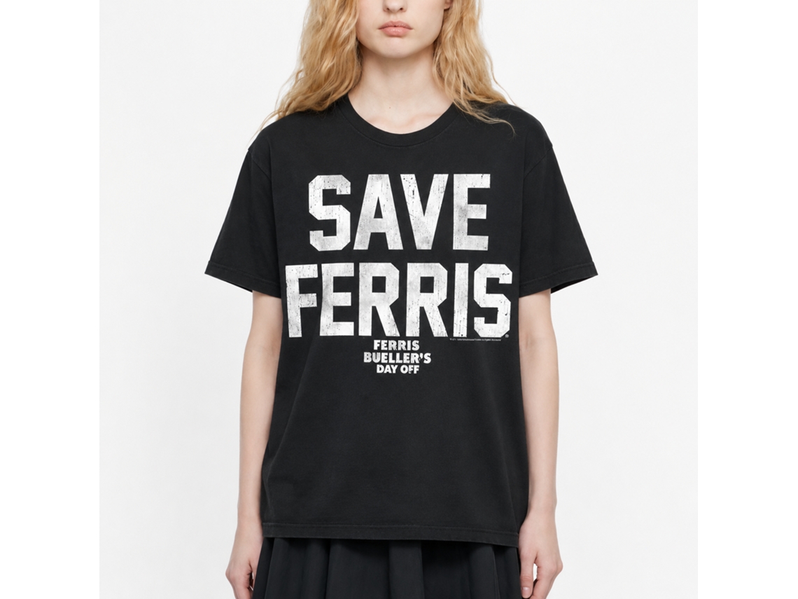 Rockinstone Ferris Bueller's Day Off Save Ferris White Ink Black Adult T-shirt Size:m