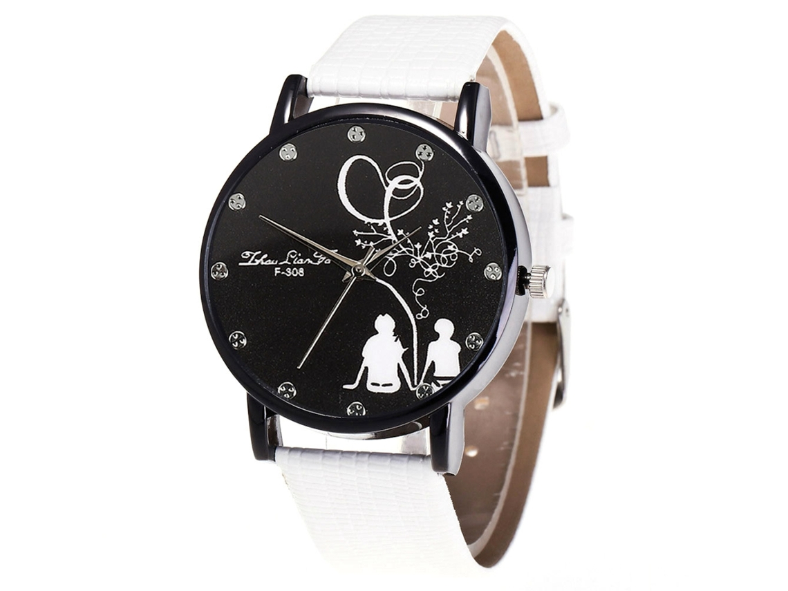Reloj De Cuarzo Con Correa De Cuero Pu Unisex Dial Redondo Patrón De Amantes Blanco Zhoulianfa