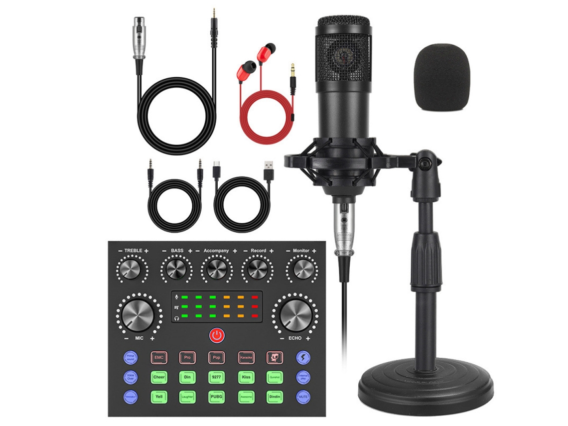 Kit De Microfone Eifson V8s Com Misturador 7 Botões, Microfone E Base Redonda - Preto