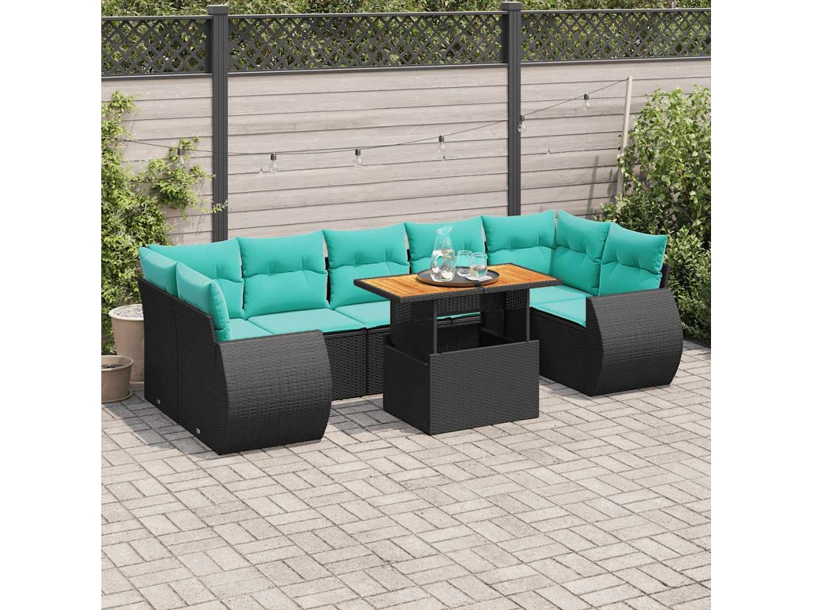 Vidaxl 8 Pcs Conjunto Sofás De Jardim Com Almofadões Vime Pe Preto