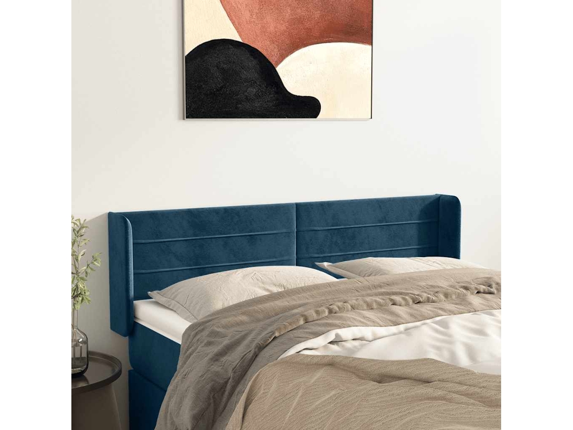 Vidaxl Cabeceira De Cama C/ Abas Tecido 147x16x78/88cm Azul-escuro