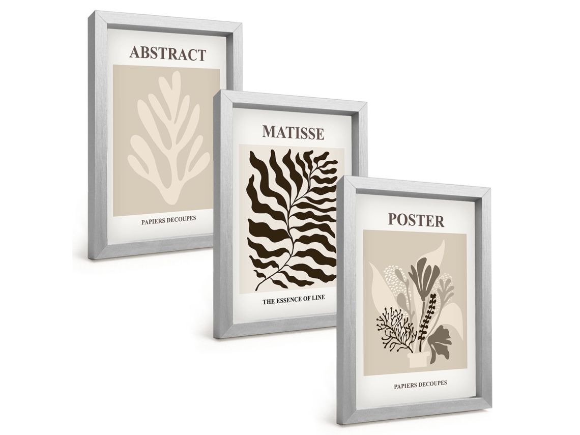 Um Conjunto De Imagens Decorativas Em Uma Moldurapadrões De Plantas Em Bege E Marrom Moldura Prateada Pinturas De Quarto Espelharte (3 Peças 20x30 Cm)