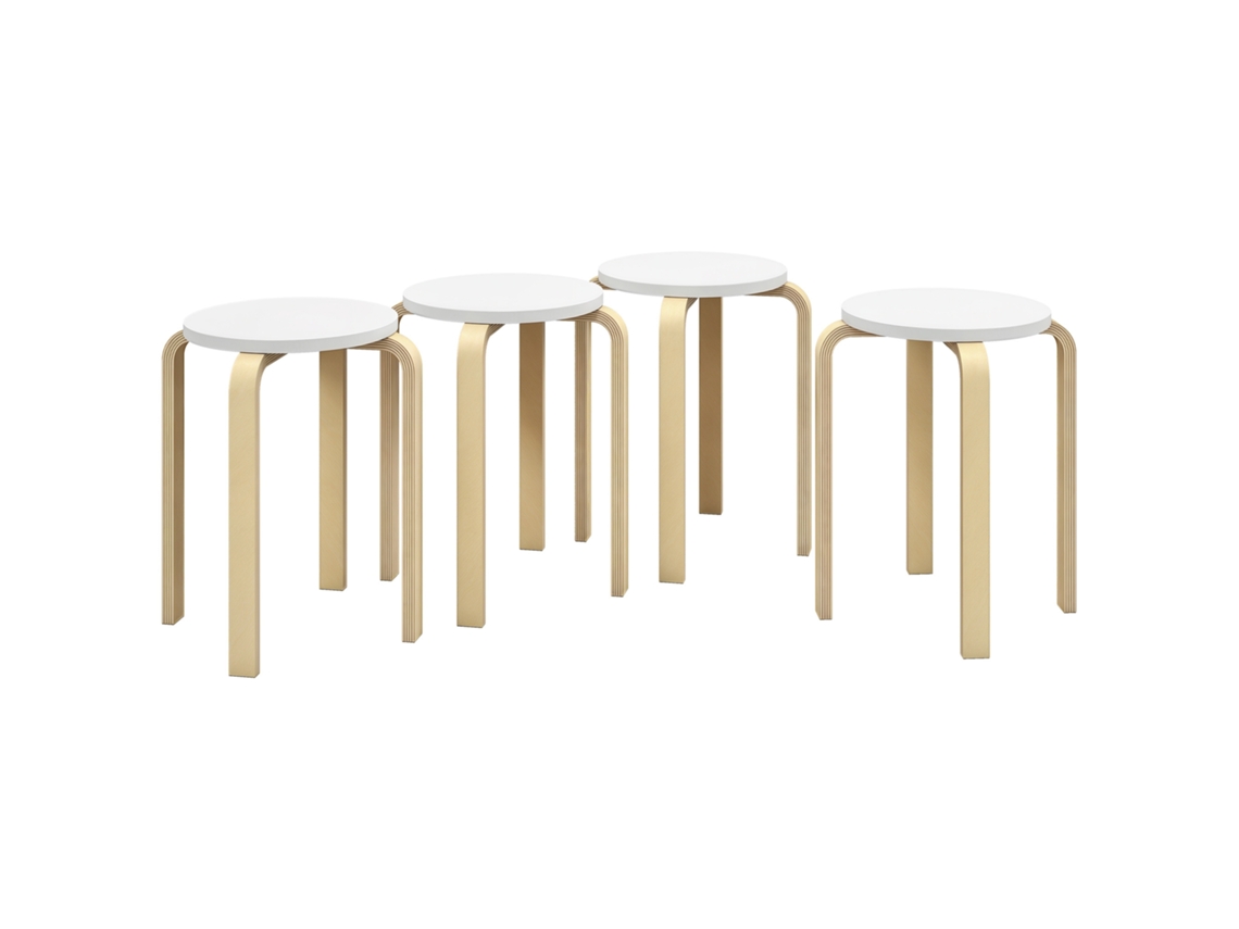 Conjunto 4 Banquetas Redondas Empilháveis Em Madeira Branca, Ø40x45 Cm