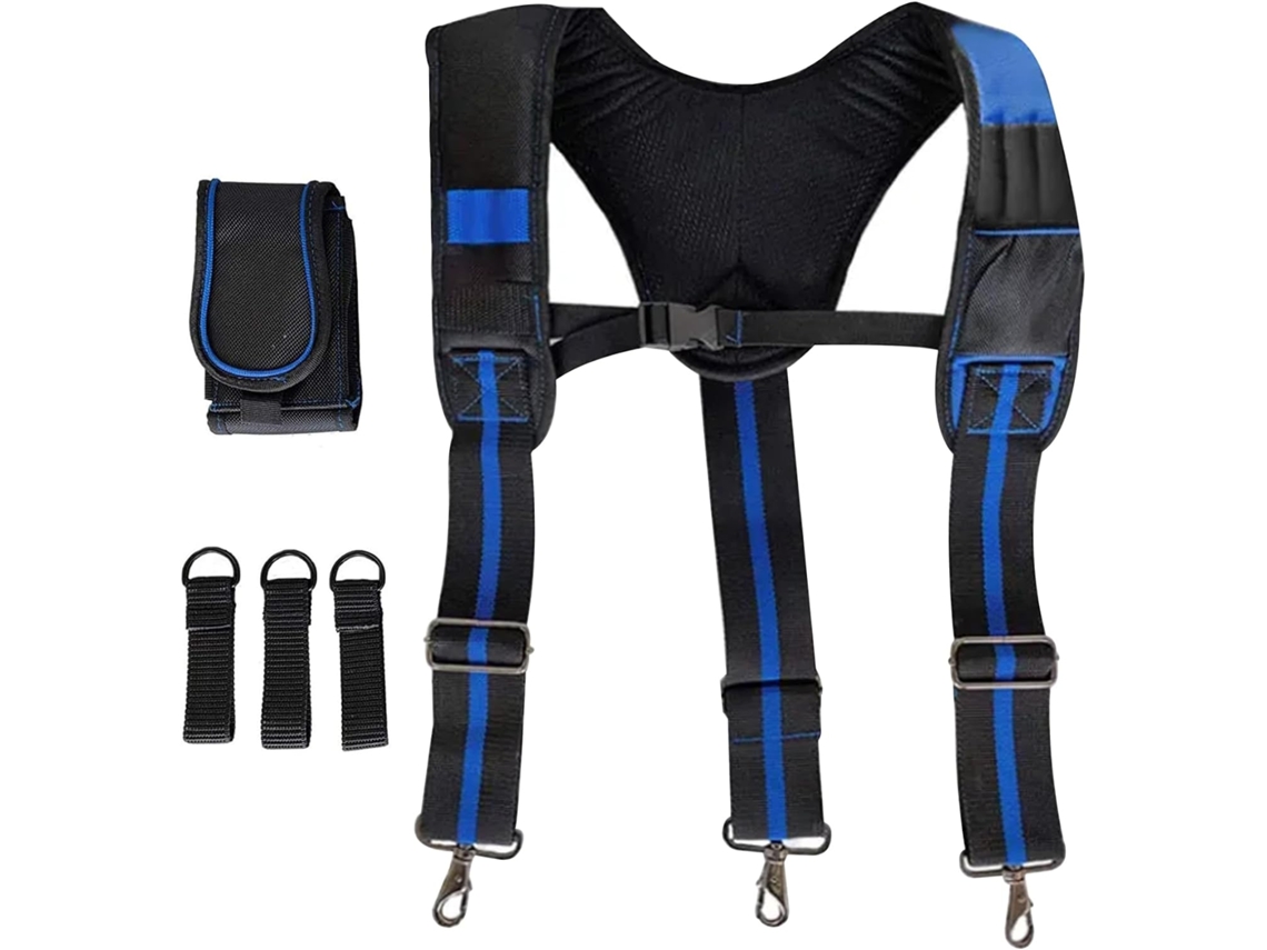Cinto de ferramentas com suspensórios, ajustável e resistente, com suporte para celular, bolsa acolchoada removível e