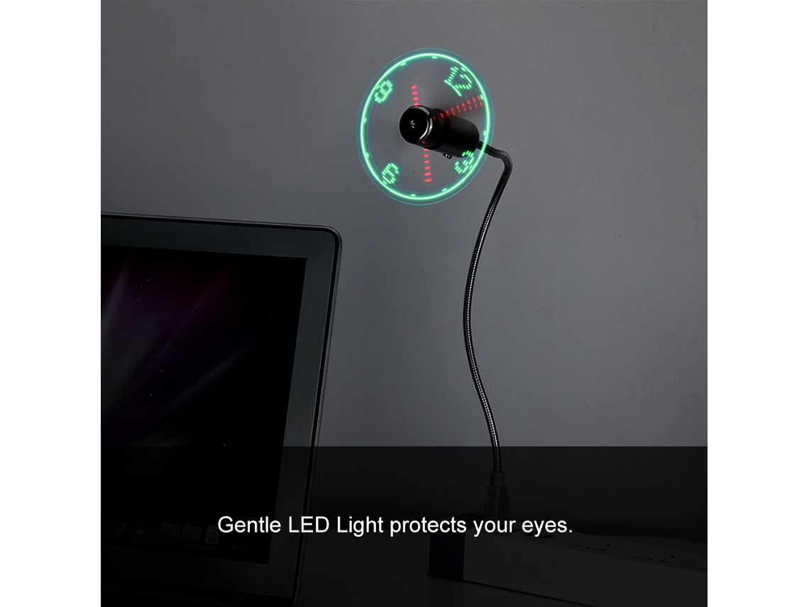 Aetheria ventilador Usb com Relógio Led e Temperatura, Pescoço de Ganso Flexível, Plug Play, Econômico